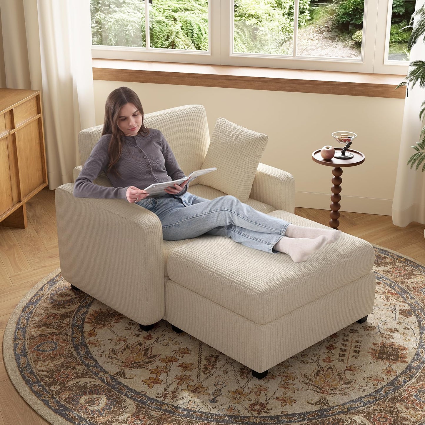 Apicizon Chaise Lounge Chair Indoor, 42" Oversized Sofa Bed with Two Throw Pillows and Armrests, Corduroy Chaise Lounge for Bedroom, Single Sleeper Chair with Ottoman for Living Room, Beige