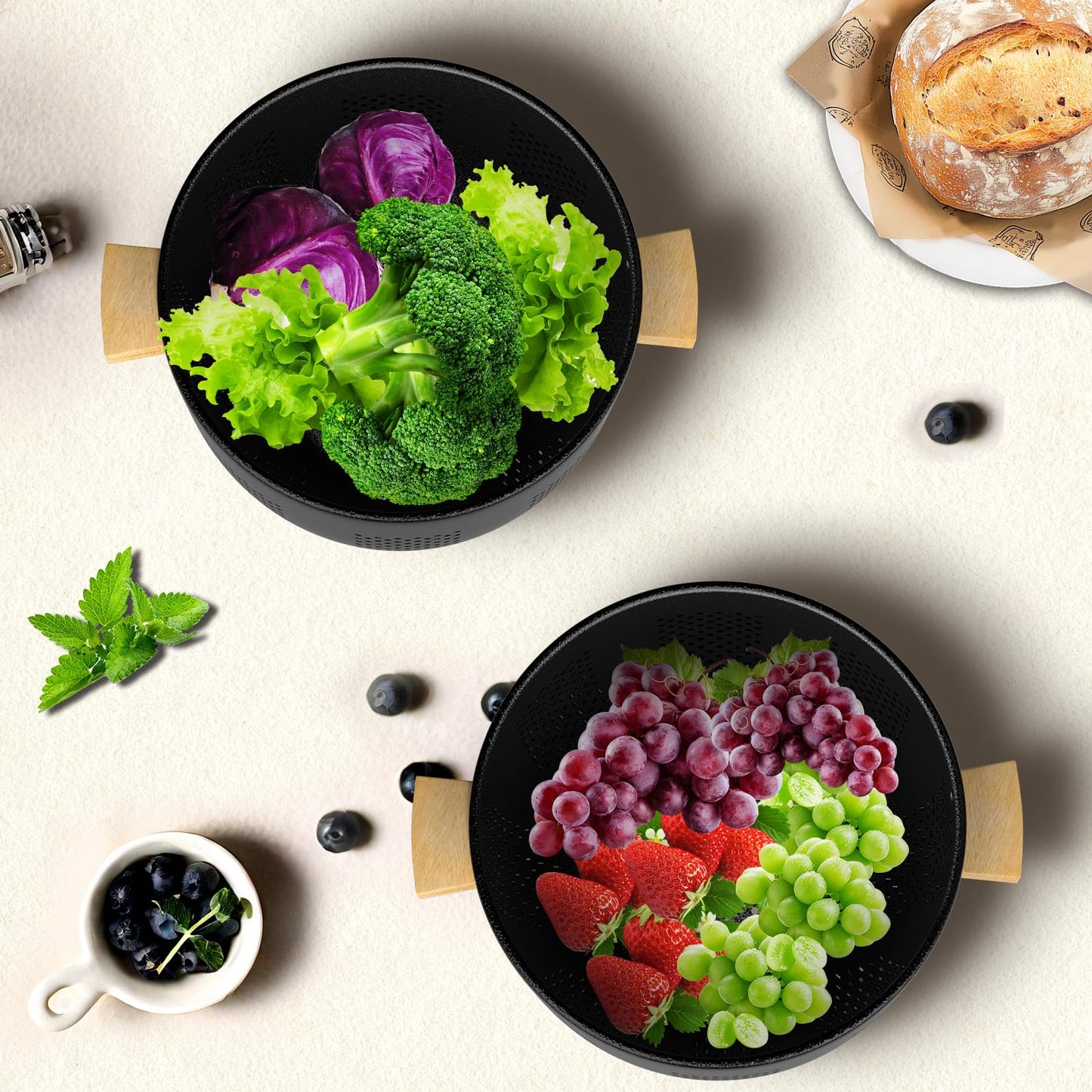 Colander for Kitchen - Strainers and Colanders - 6 Quart Large Metal Colander with Wood Handle - Food Strainer Basket for Draining Pasta, Vegetable & fruit, Kitchen Gadgets Matte Black