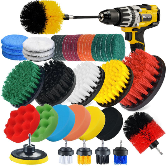 Shieldpro 45 Piece Drill Brush Attachment Set, All Purpose Power Clean Scrubber Brush, Scrub Pads & Sponge with Extend Long Attachment for Bathroom, Kitchen,Grout,Tub,Tile,Corners, Auto