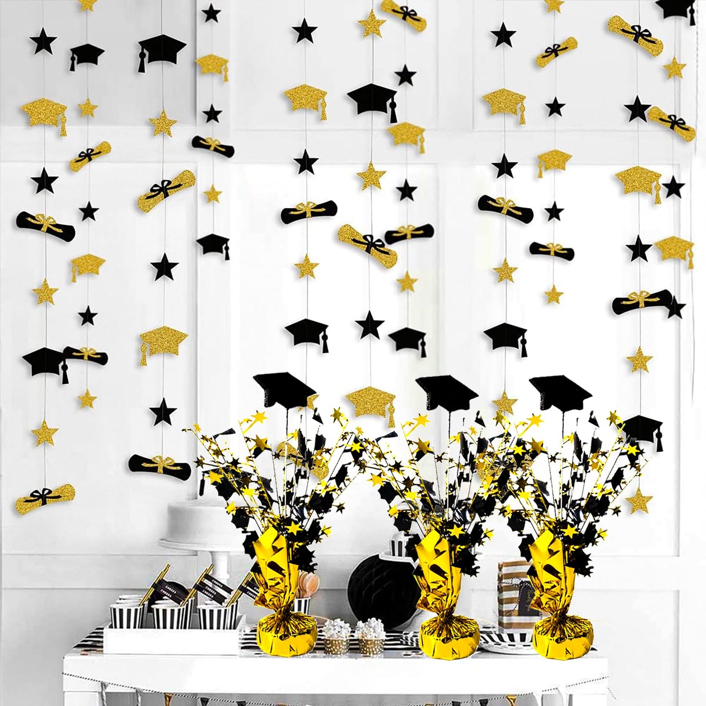 FUBININA 6 Pack 2025 Graduation Table Centerpiece Party Decoration Metallic Foil Spray Glitter Graduate Cap Decor Star Table Top for Graduation Parties Grad Ceremonies Party Favor, Black and Gold