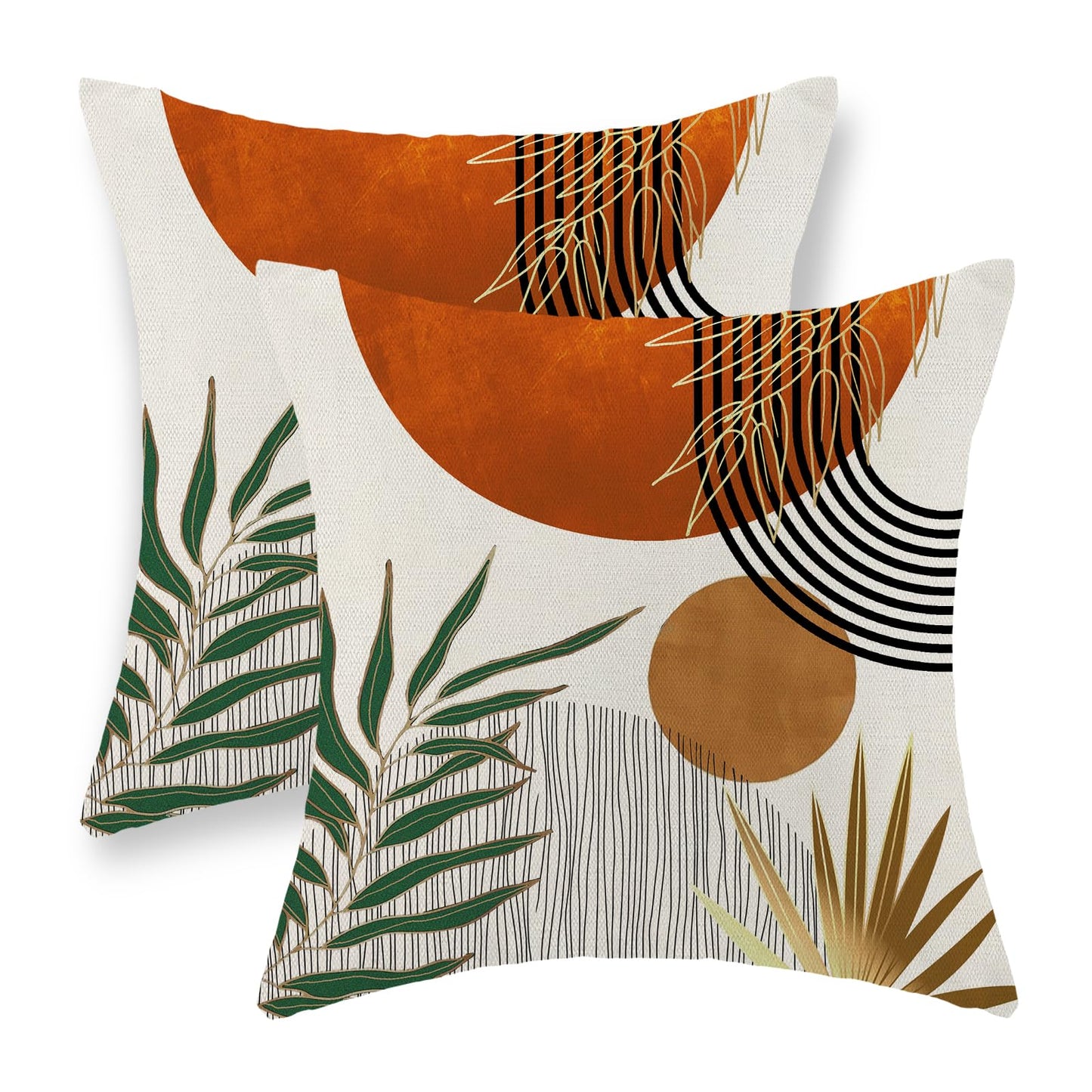 GOLIANDA Boho Pillow Covers 20x20 Set of 2 Green Gold Orange Throw Pillows Tropical Leaves Sunset Modern Mid Century Decorative Pillowcase Outdoor Bohemian Linen Cushion Case for Couch Sofa Bed Decor