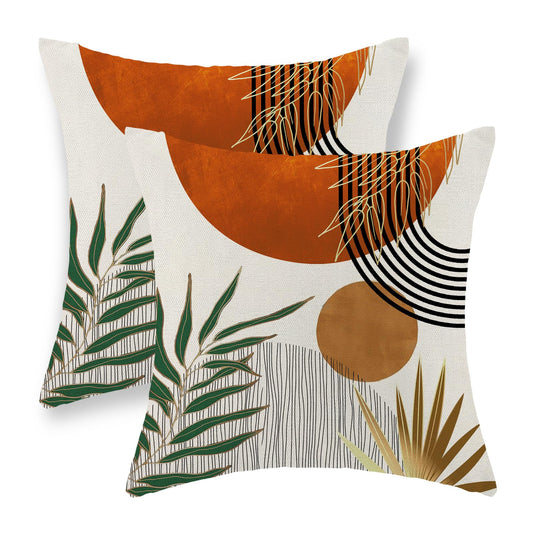 GOLIANDA Boho Pillow Covers 20x20 Set of 2 Green Gold Orange Throw Pillows Tropical Leaves Sunset Modern Mid Century Decorative Pillowcase Outdoor Bohemian Linen Cushion Case for Couch Sofa Bed Decor