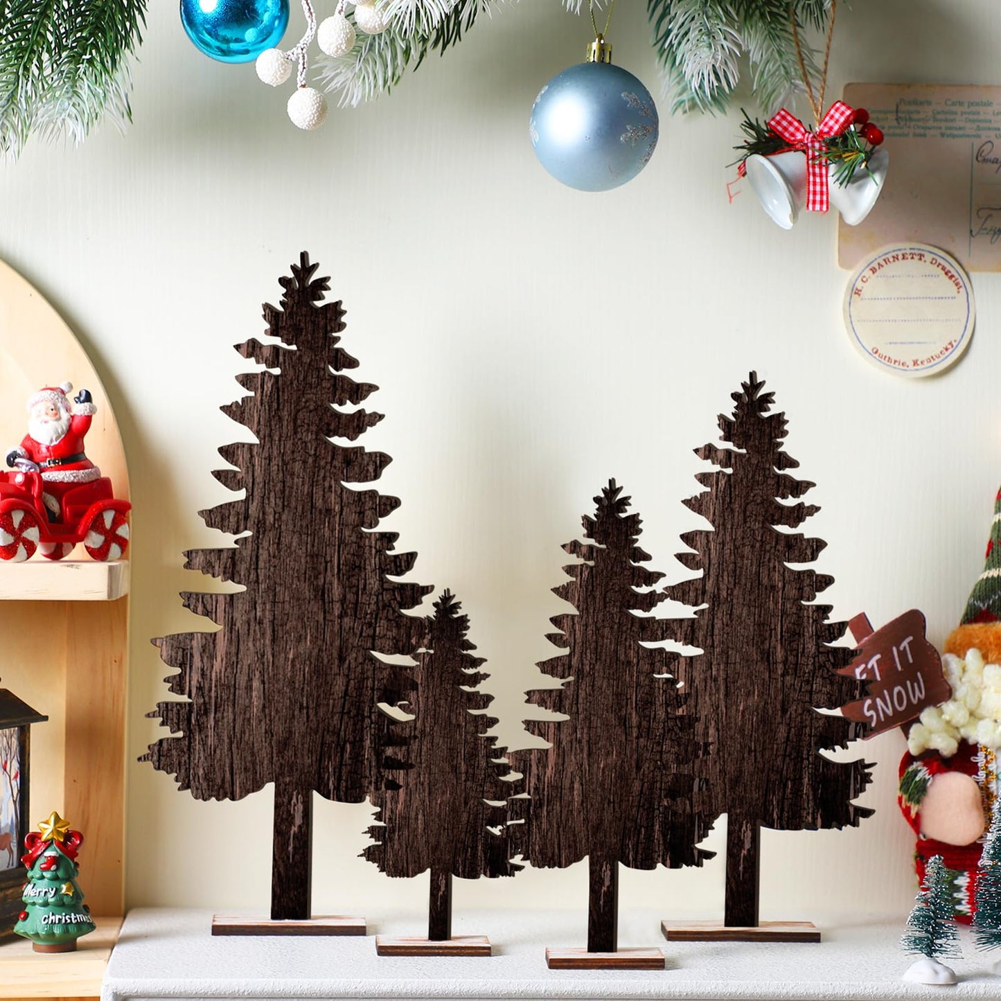 Barydat 4 Pcs Christmas Table Decorations Wooden Pine Trees Reindeer Table Centerpiece Artificial Christmas Decorations Rustic Farmhouse Christmas Decor for Home Table(Christmas Tree)