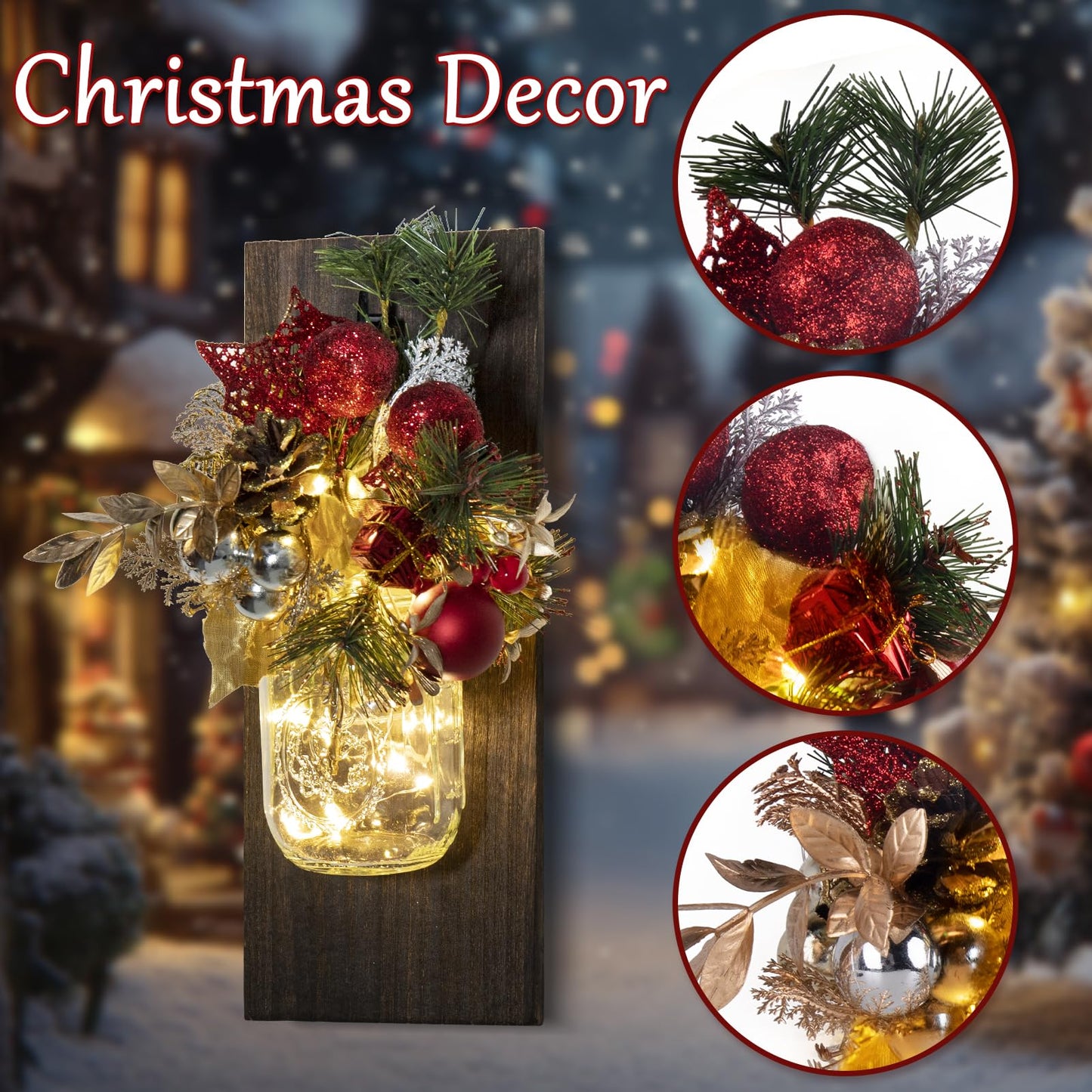 TqsMsp 2Pcs Christmas Mason Jar Wall Sconces, Handmade Rustic Wall Sconces with Remote Control Timer LED Fairy Lights and Red Berry Flowers, Hanging Mason Jar for Xmas Rustic Home Wall Decor (Gold)