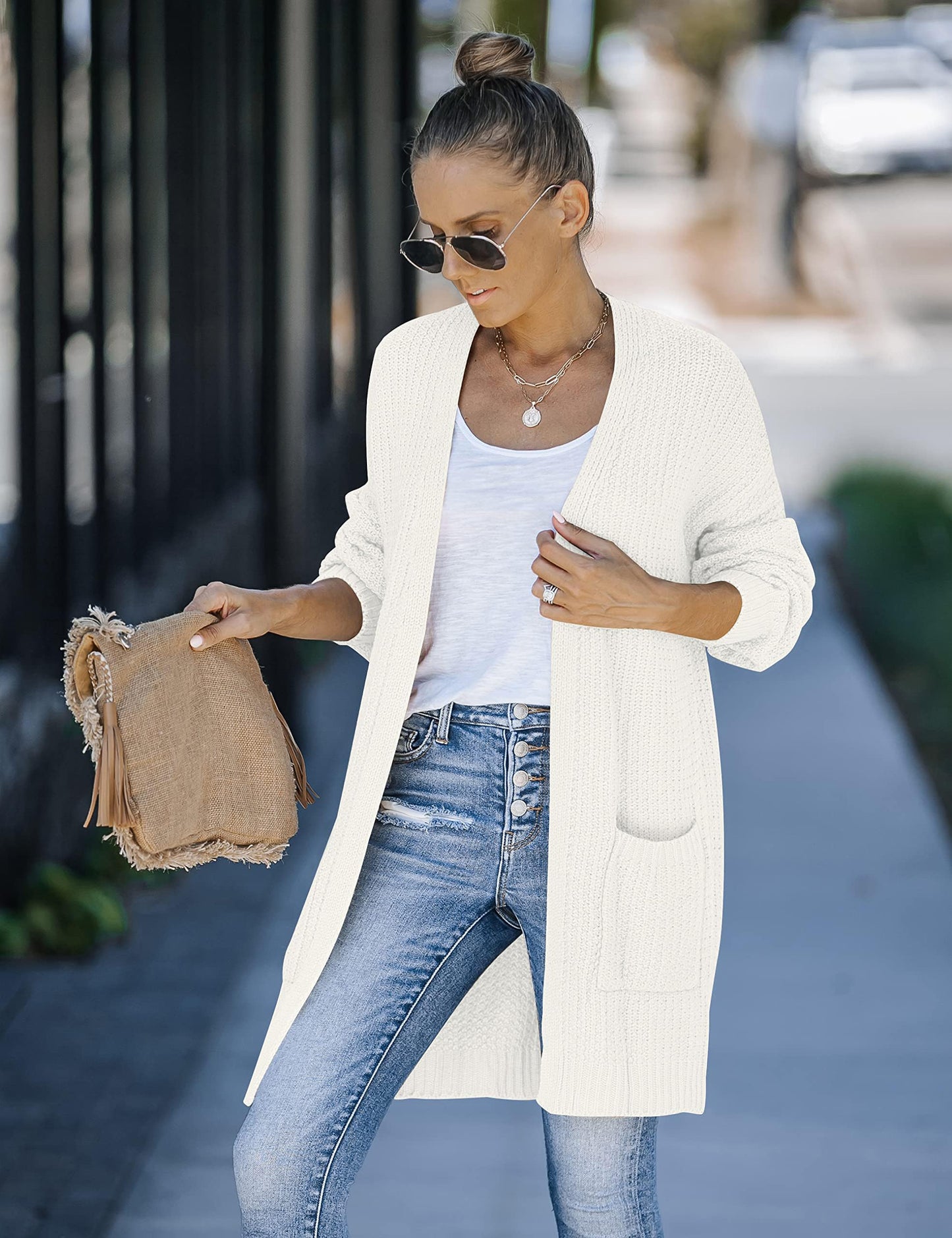 MEROKEETY Women's 2025 Fall Open Front Chunky Knit Sweater Oversized Lantern Sleeve Cardigan Outwear, Beige, Medium