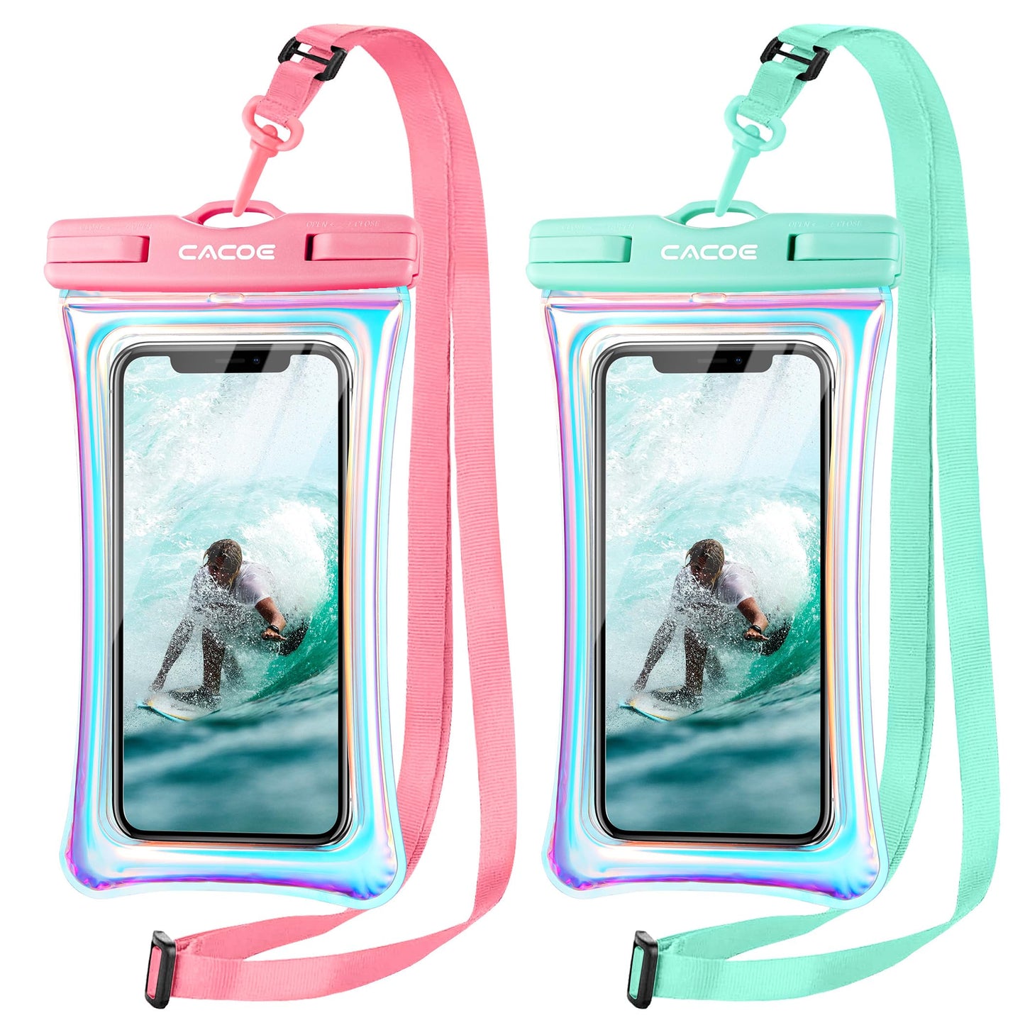 CACOE [Floatable] Floating Universal IPX8 Waterproof Phone case 2 Pack-Up to 7.0",Adjustable Lanyard Phone Pouch,Cellphone Dry Bags for Vacation Beach Pool Kayak Cruise Travel Essentials（Black+Green）