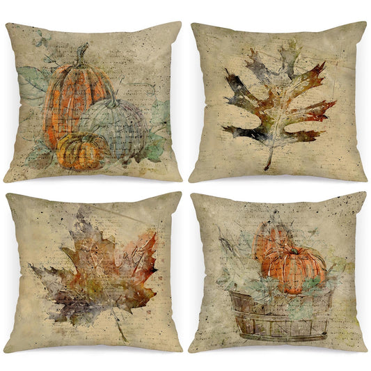 Benjia Fall 18x18 Throw Pillow Covers Set of 4, Watercolor Pumpkin Maple Leaves Decorative Holiday Pillow Case 18 x 18 Autumn Cushion Covers Pillowcase for Indoor Home Bedroom Couch Sofa Decor