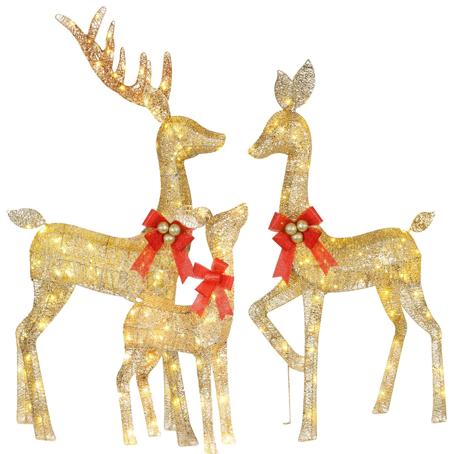 Lighted Christmas Decoration Deer 3 Piece, HOYECHI Light up Christmas Decor Reindeer Family Set for Indoor Outdoor Front Yard Porch with LED Lights, Plug, Ground Stakes - Gold