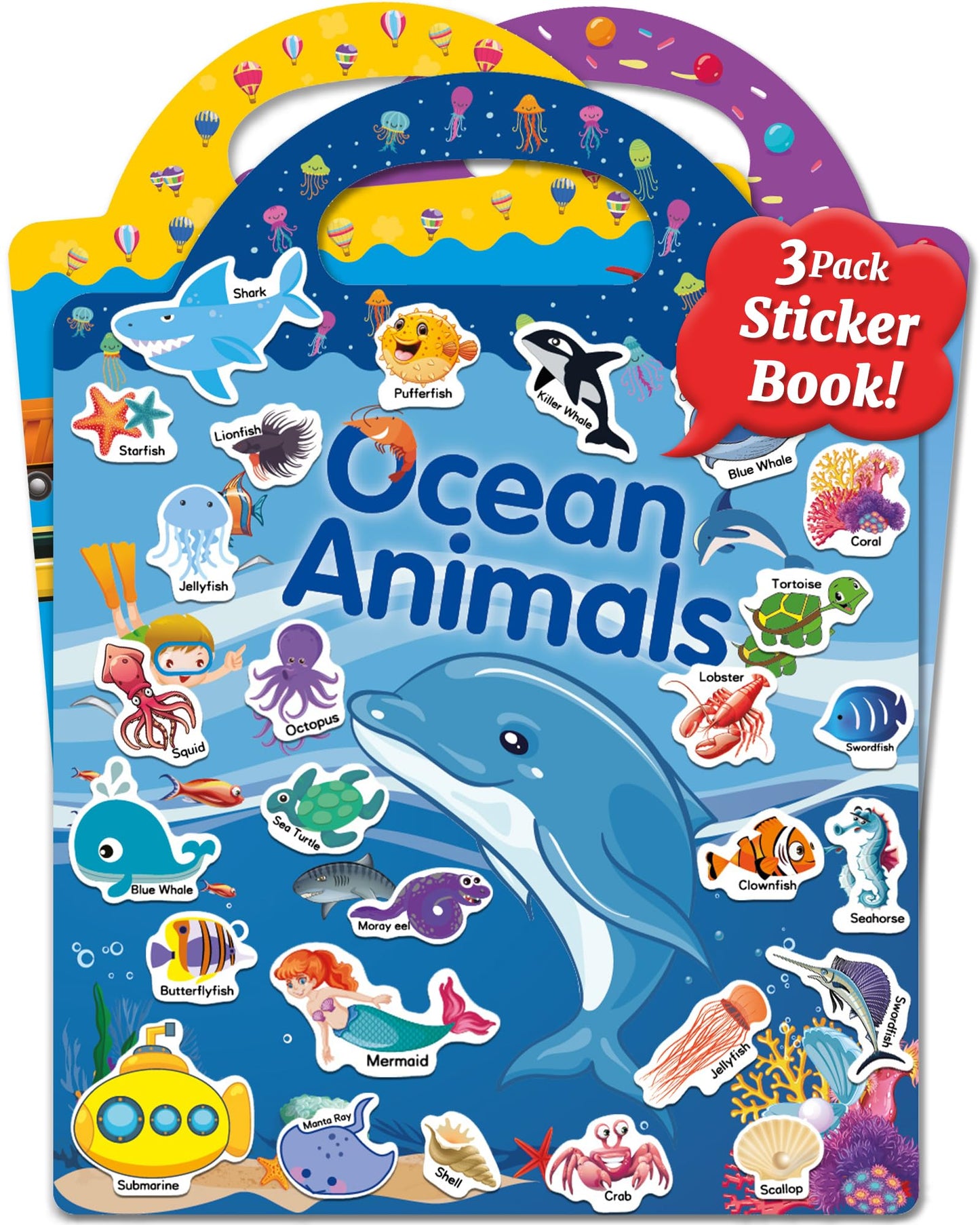 Benresive Reusable Sticker Books for Kids 2-4, Sticker Books for Toddlers 1-3 2-4, Toddler Travel Toys Activities Crafts Gifts - Ocean Animals, Fairy and Vehicle