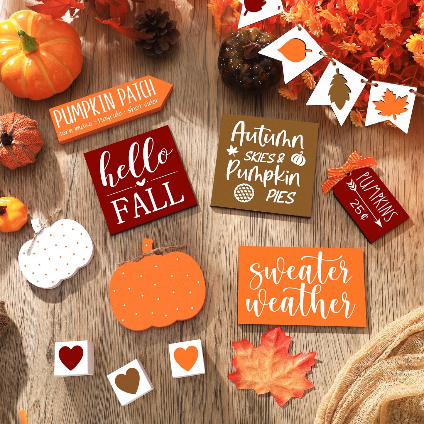 Sumind 15 Pcs Fall Tiered Tray Decor Set Fall Decorations for Home Autumn Wood Signs Thanksgiving Orange Brown Table Signs Farmhouse Wooden Maple Pumpkin Gnomes Tabletop for Festival(Autumn)