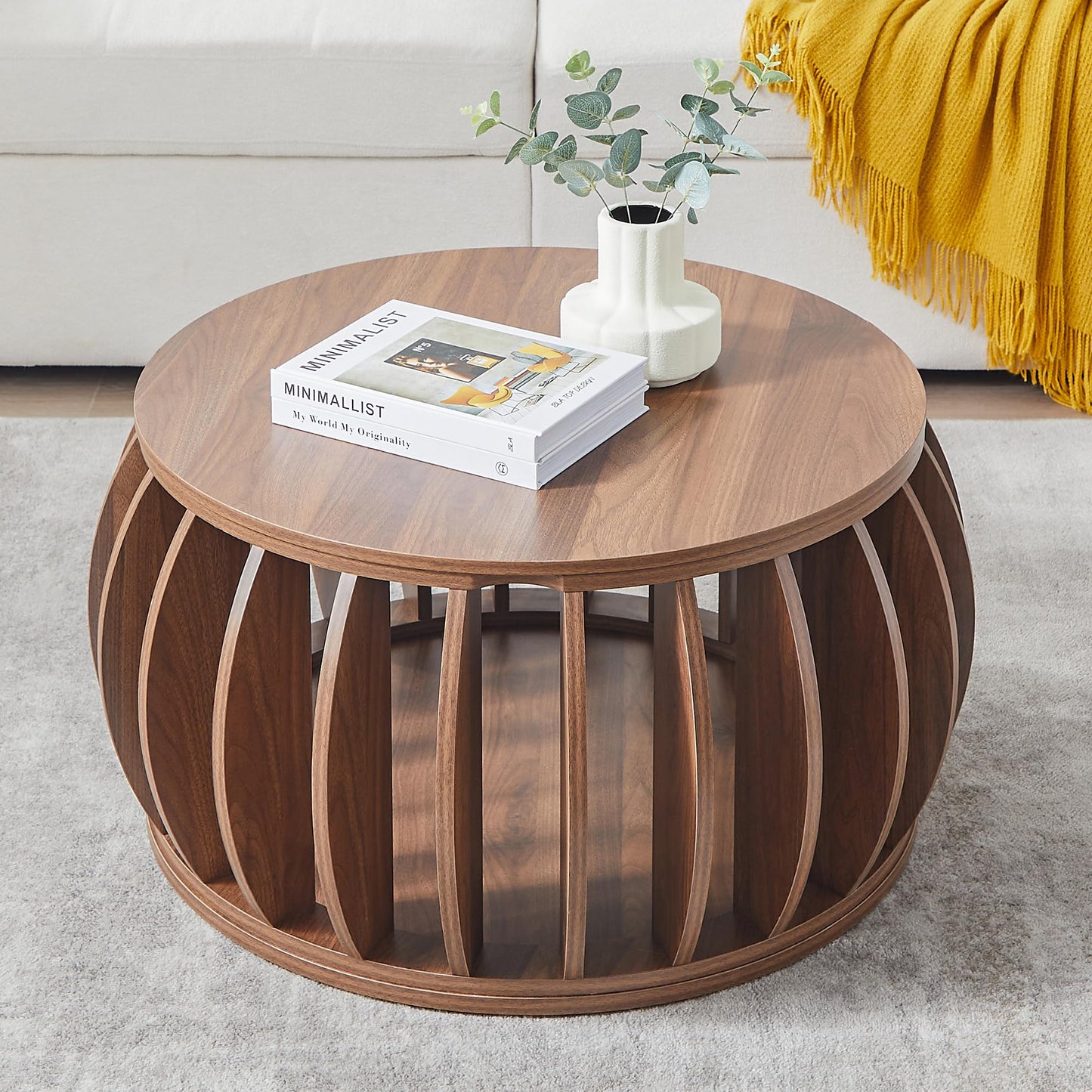 Bifins Drum Coffee Table with Storage,31.5” Wood Round Coffee Table,Farmhouse Pumpkin-Shaped Center Table for Living Room Home Office (Walnut)