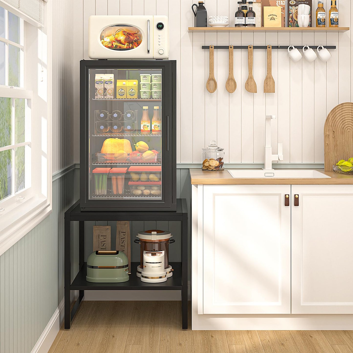 Homieasy End Table, 20 Inch Square End Table, Mini Fridge Stand with 2-Tier Storage Shelves, Industrial Wood Side Tables for Living Room, Black