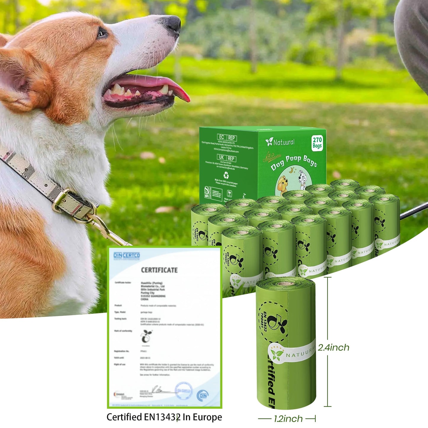 Certified Compostable Dog Poop Bags-270Bags 18Rolls, Poop Bags for Dogs Made of Cornstarch - ASTM D6400 By USA, Unscented, Suitable for Large |Small Dogs (Green)