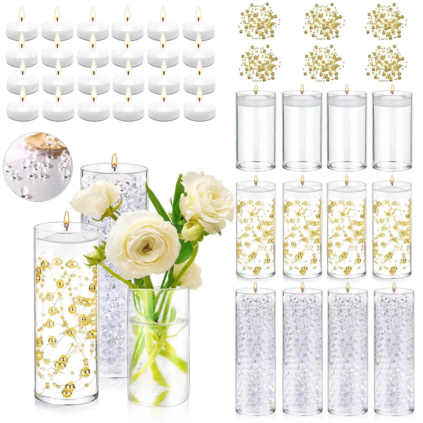 UDU 12 Set Glass Cylinder Vases for Centerpieces with 80000 Vase Filler 24 White Floating Candles 6 Pearl String for Wedding Party Home Table Decoration