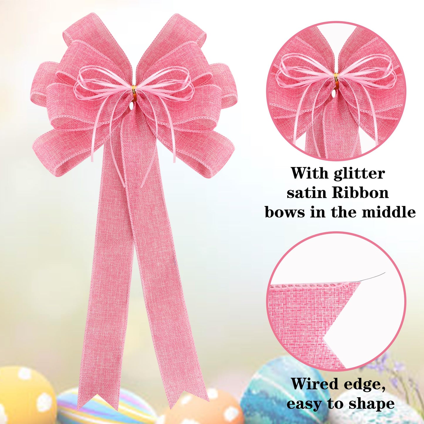 RIBBOOO 2 Pack Pink Christmas Tree Bows 12x20inch Large Burlap Wreath Bow with Glitter String for Christmas Tree Topper,Home Front Door Decor,Easter Bow, Valentines and Party Decor