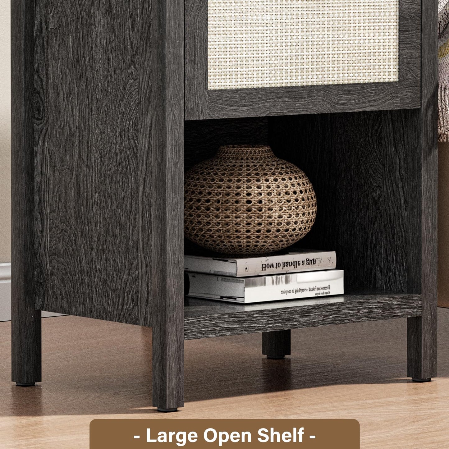 DEMEGA Rattan Nightstand Set of 2 Black Night Stand Bedside Table with Drawer and Storage Shelf Boho Side Table for Bedroom End Tables