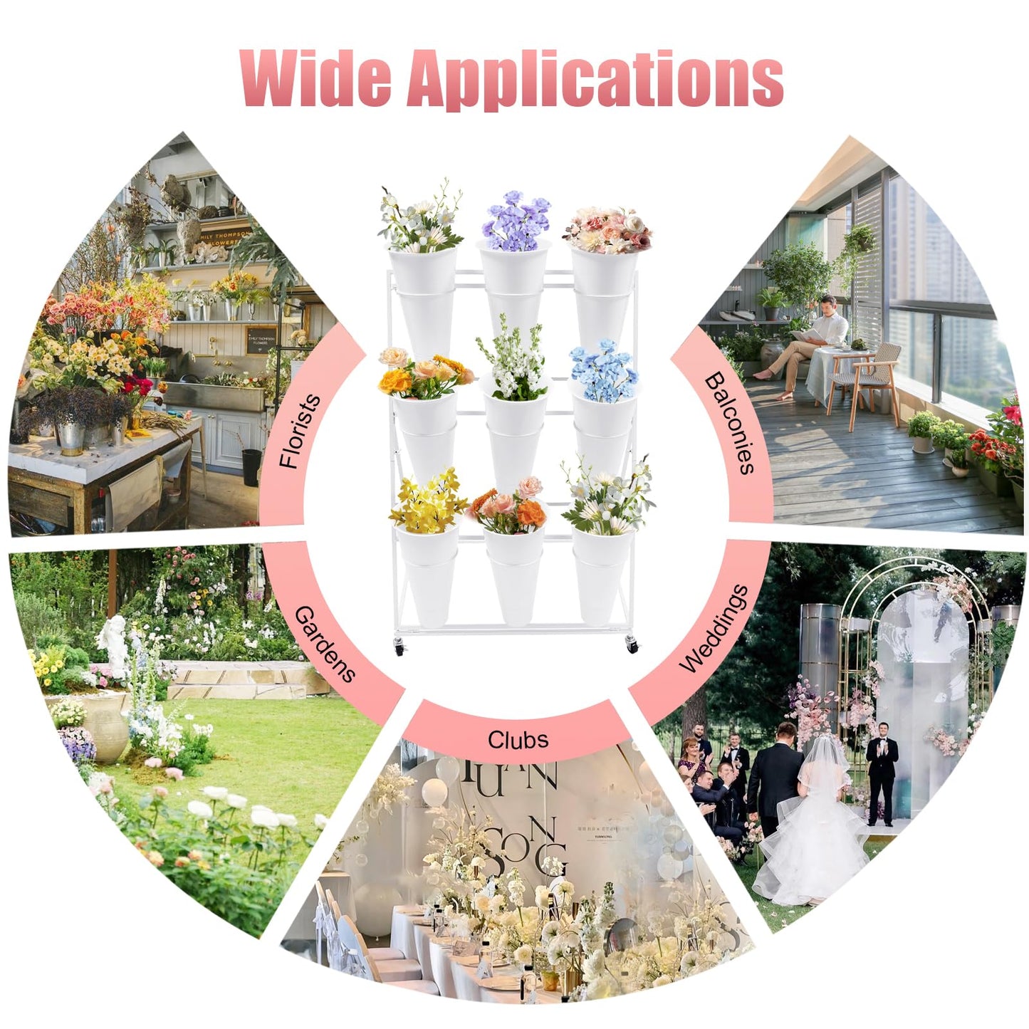 HuaShuani Flower Display Stand with 9 Buckets, 3 Tiers Metal Mobile Florist Bouquet Stand Flower Cart with 4 Wheels for Indoor Outdoor Patio Garden, Living Room, Florist