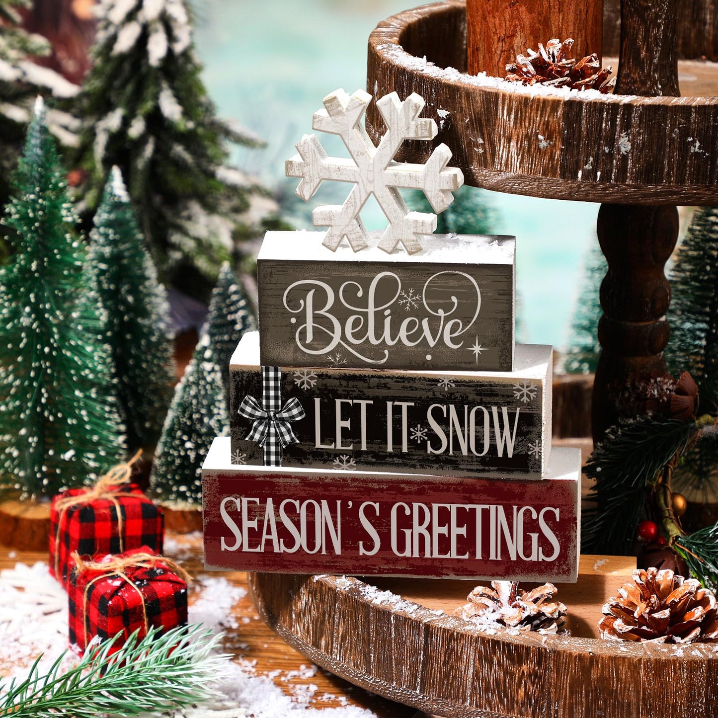 Moucuny 4 Pcs Winter Decorations for Home Reversible Christmas Winter Table Sign Wooden Snowflake Decoration Double Side Christmas Tiered Tray Decor Holiday Table Centerpiece for Xmas Home Decor