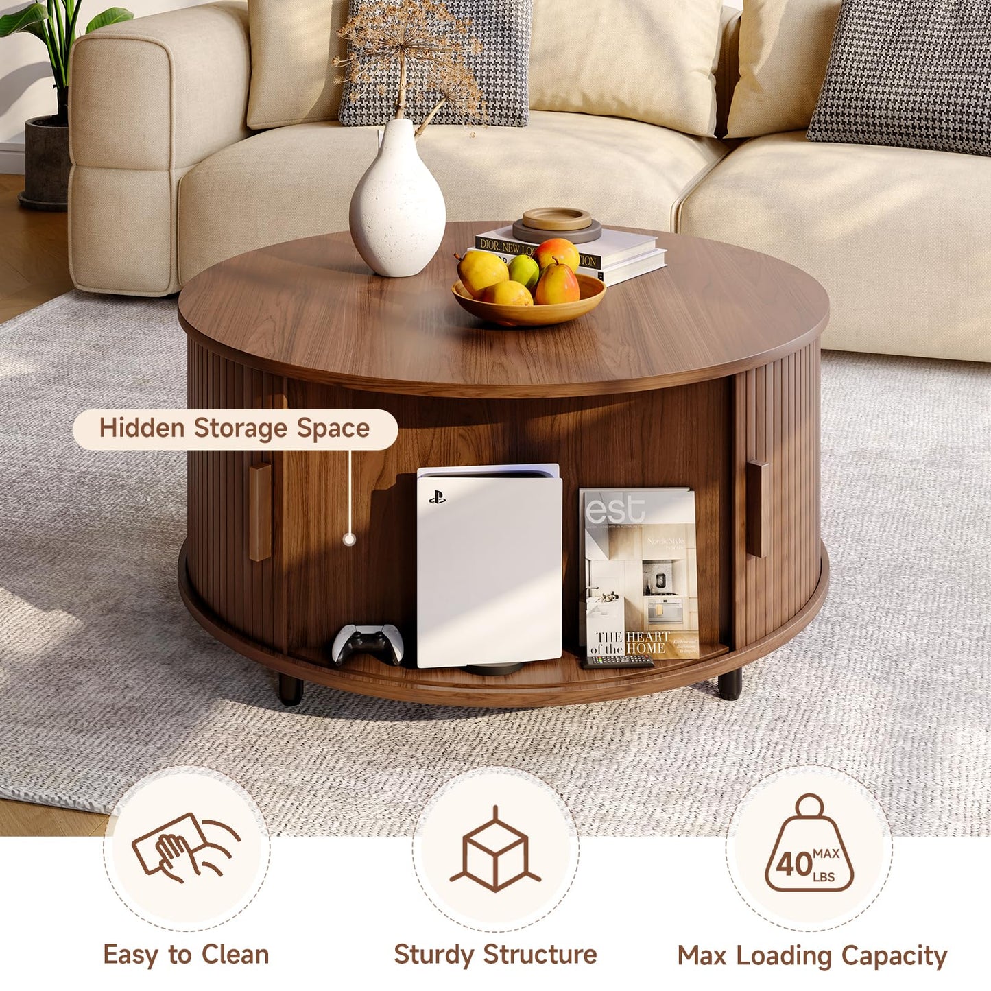 ONBRILL Round Coffee Table with Storage, 31.5" Modern Coffee Table with 360° Curved Sliding Door, Fluted Wood Accent Coffee Table with Adjustable Footpads, Round Center Table for Living Room, Walnut