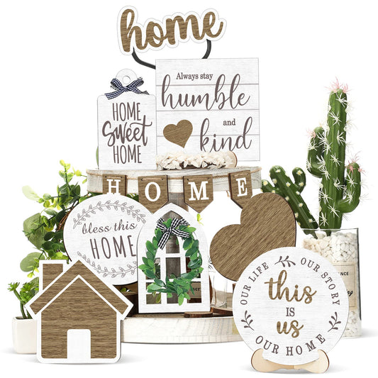 Maitys 10 Pcs Summer Beach Tiered Tray Decoration Set Farmhouse Rustic Decor Wood Sign Rustic Table Ornaments for Kitchen Table Housewarming Gift (Home Style)