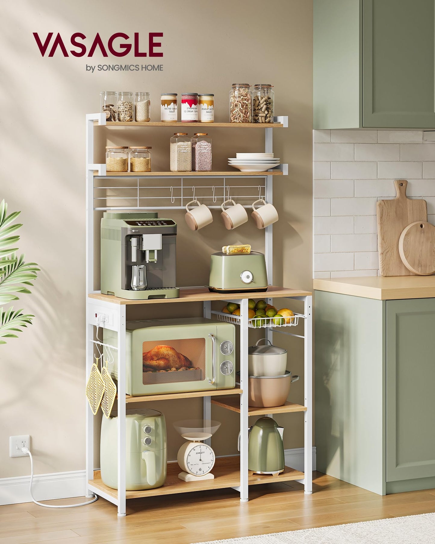 VASAGLE Bakers Rack with Power Outlet, 35.4 Inches Microwave Stand, Coffee Bar, 4 AC Outlets, with Adjustable Shelves, 8 S-Hooks, Basket, Spice Racks, Golden Oak and Cloud White UKKS031Y09