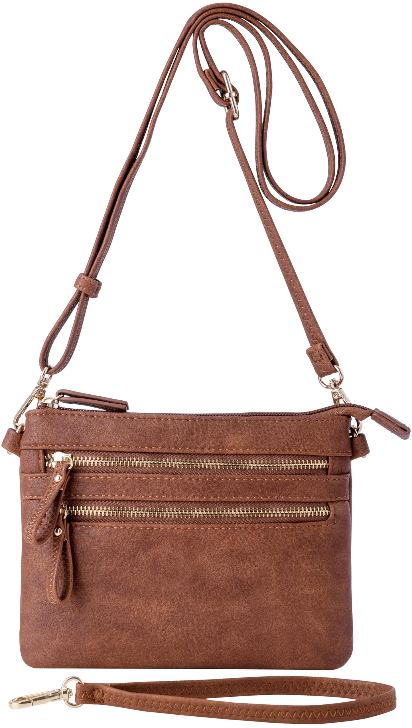 B BRENTANO Vegan Mini Multi-Zipper Crossbody Handbag Purse with Removable Wristlet & Adjustable Shoulder Strap (Brown NN)
