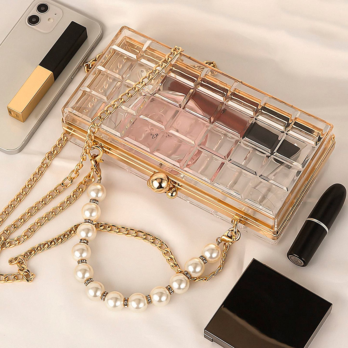 DODAMOUR Transparent Acrylic Shoulder Bag, Clear Crossbody Clutch Purse, Women Evening Clutch Bag, Gold Chain Handbag for Women (Clear)