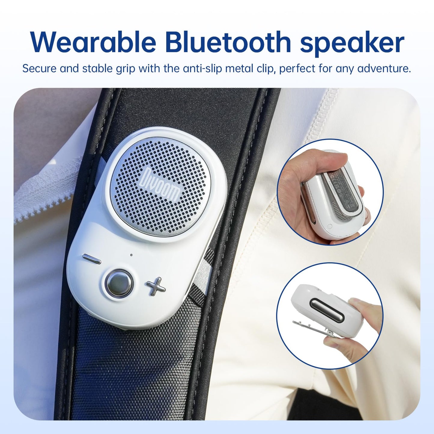 Divoom Itour-S Portable Mini Wearable Bluetooth Speaker, Big Audio and Punchy Bass,Clip-On Design, IP67 Waterproof and Dustproof,10 Hours Playtime,Speaker for Home Travel Office and Outdoors (White)