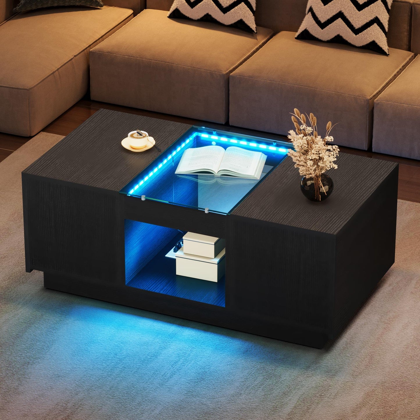 YITAHOME Modern Coffee Table with LED Lights, Rectangle Coffee Table with 2 Large Drawers, Spacious Glass Coffee Table, Upscale Large Living Room Table with Power Outlets and Remote Control, Black