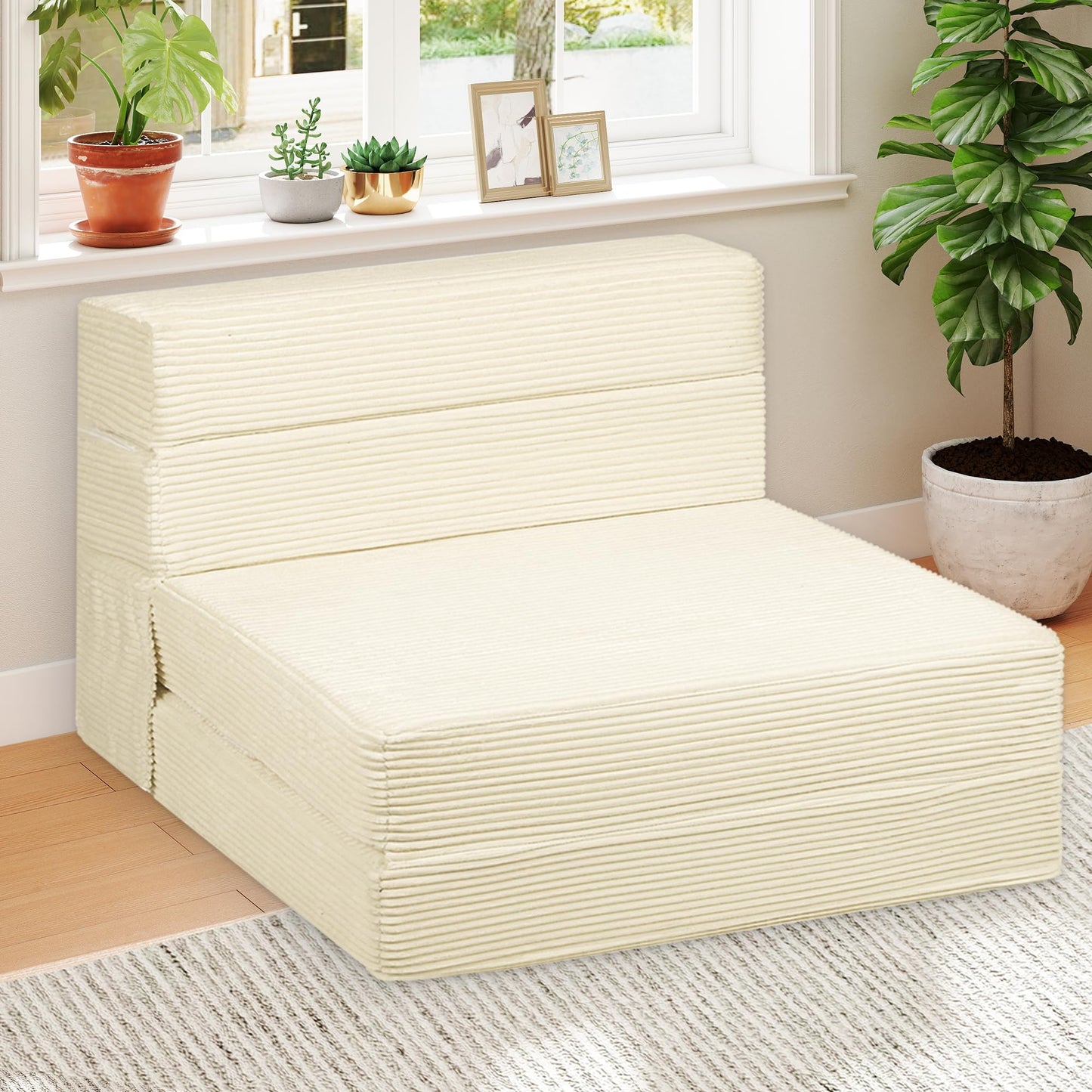 IBXFO Folding Sofa Bed, Convertible Sleeper with High Density Foam, Foldable Chair Bed Mattress, Futon Floor Couch for Living Room, Guest Room, Twin, White