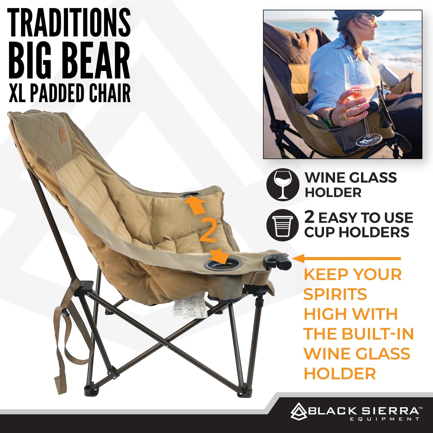 Black Sierra Deluxe Padded Camping Chair for Sports & Outdoors, Oversize XL Outdoor Folding Chair Supports 400 lbs, Heavy Duty Seat w/Dual Cup Holders/Carry Bag Perfect for RV, Tailgating, Glamping