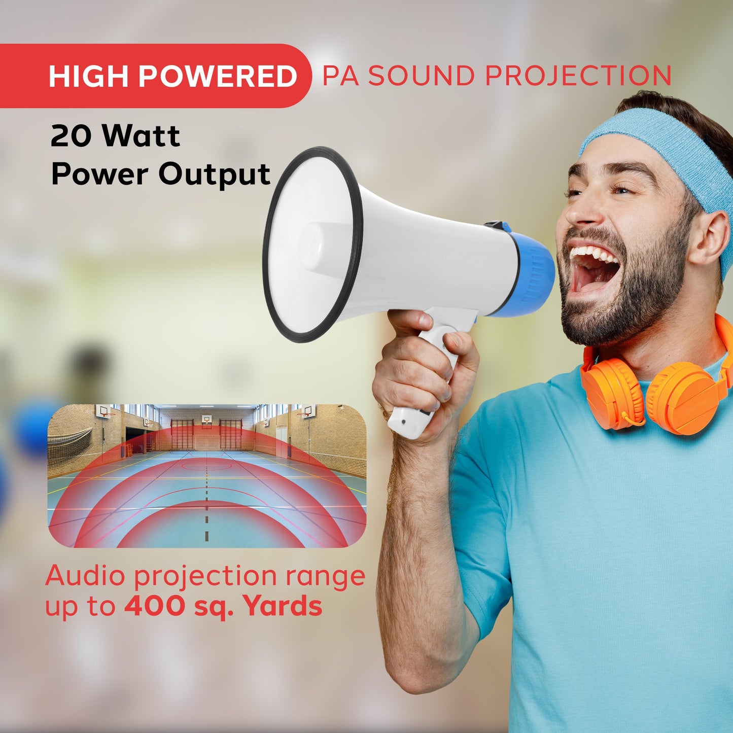 Pyle 20W Megaphone Bullhorn - Portable, Automatic Siren & Adjustable Volume,Projection Range Up to 400 Square Yards, Aux Input, Talk, Siren, Music, Whistle, & Record, Shoulder Strap (White-Blue)