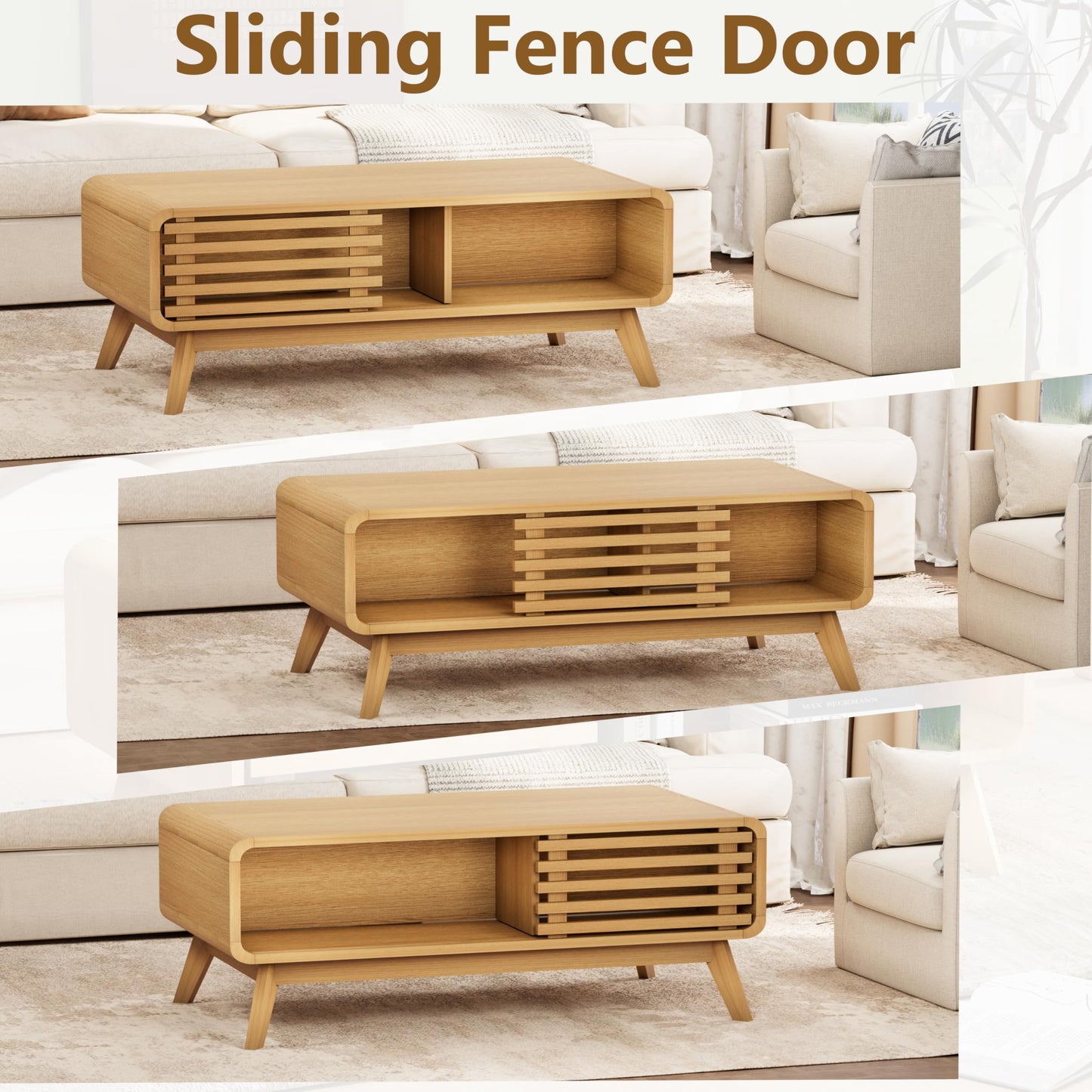 Royal Windsor Coffee Table,Mid Century Modern Table with Storage,Sliding Fence Door,Farmhouse Wooden Coffee Table for Living Room,Oak