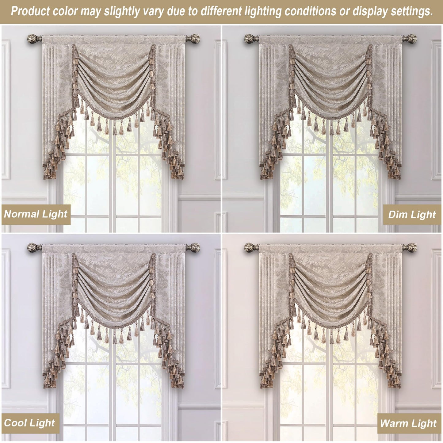Loom and Mill Luxury Jacquard Waterfall Valance for Living Room, Floral Damask Swag Window Valances with Multi-Tassels, Elegant Swag Curtains for Bedroom Holiday Banquet Decor(W39, Light Taupe+Gold)