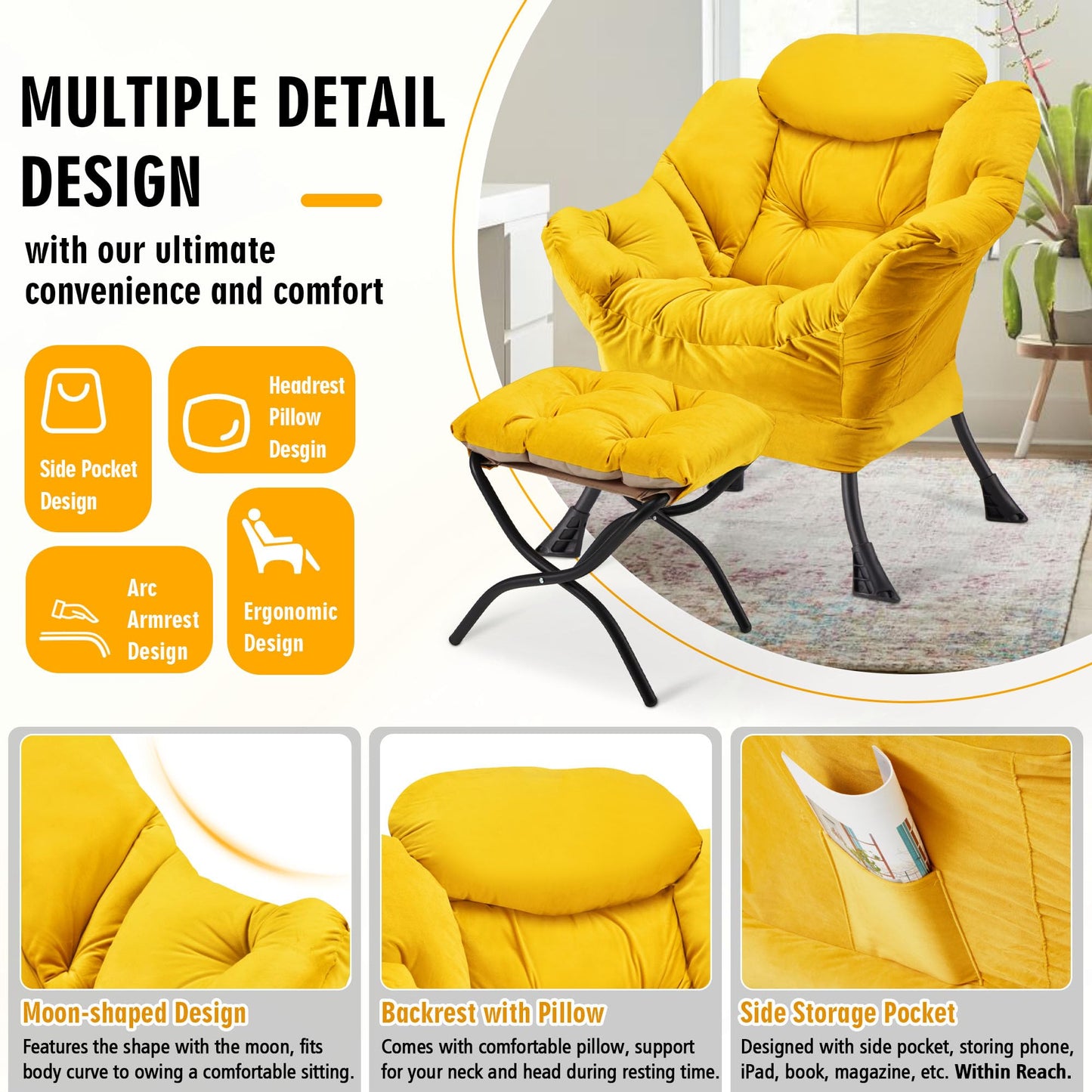 Avocahom Accent Lazy Chair with Ottoman,Leisure Sofa Armchair with Footrest,Oversized Reading Chair for Bedroom,Dorm Room,Living Room,Courtyard,Office,Yellow