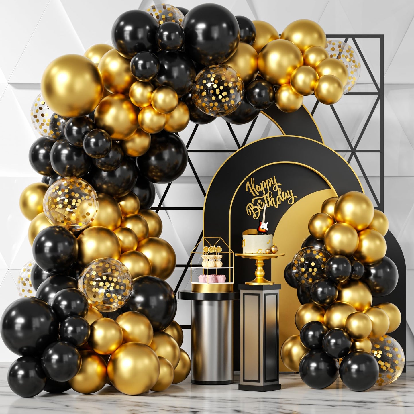 Bezente Black Gold Balloons Garland Kit, 100Pcs Black Gold Metallic Chrome and Gold Confetti Balloons Arch with Balloon Tape for Wedding, Birthday,Graduation,New Years,Special Events Party Decoration