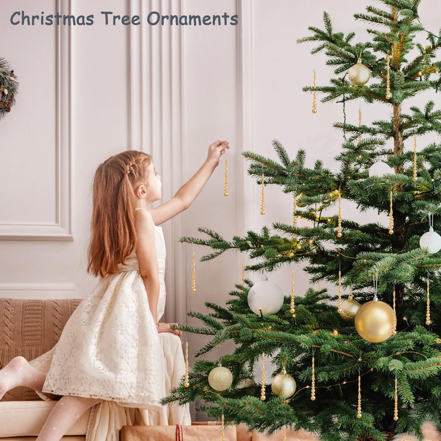 LUMITI 12pcs Crystal Icicle Christmas Tree Ornaments, Glass Beads Hanging Chandelier Pendants for Christmas Party Wedding Winter Decorations (Gold)