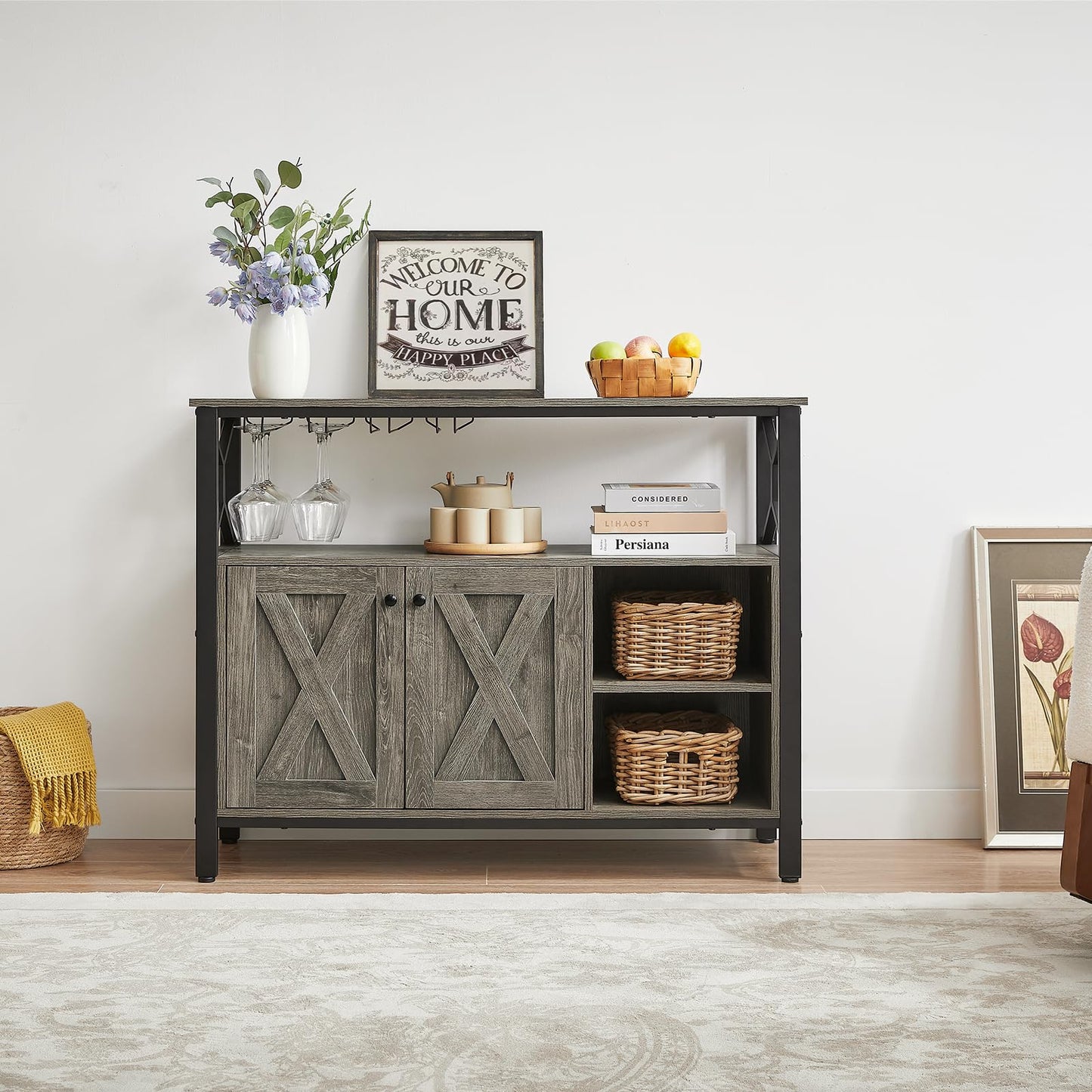 BedsPick 45.3" Buffet Cabinet with Storage, Farmhouse Sideboard Cabinet with Wine Glass Rack, Kitchen Accent Coffee Bar with Adjustable Shelf for Dining Living Room (Grey)