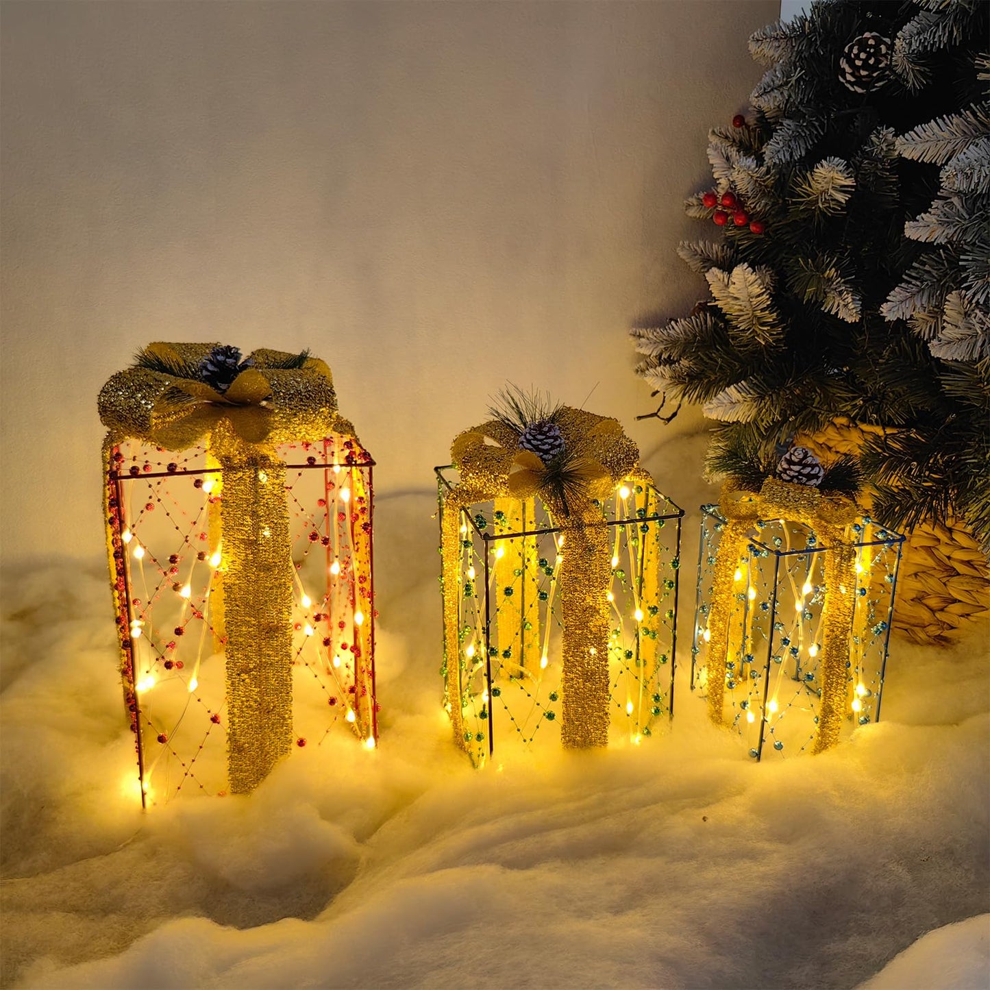 3 Pcs Christmas Lighted Gift Boxes, Pre-lit Xmas Present Boxes with Red Green Blue Beaded Ribbons 60 Warm White LEDs for Home Lawn Indoor Outdoor Christmas Decor
