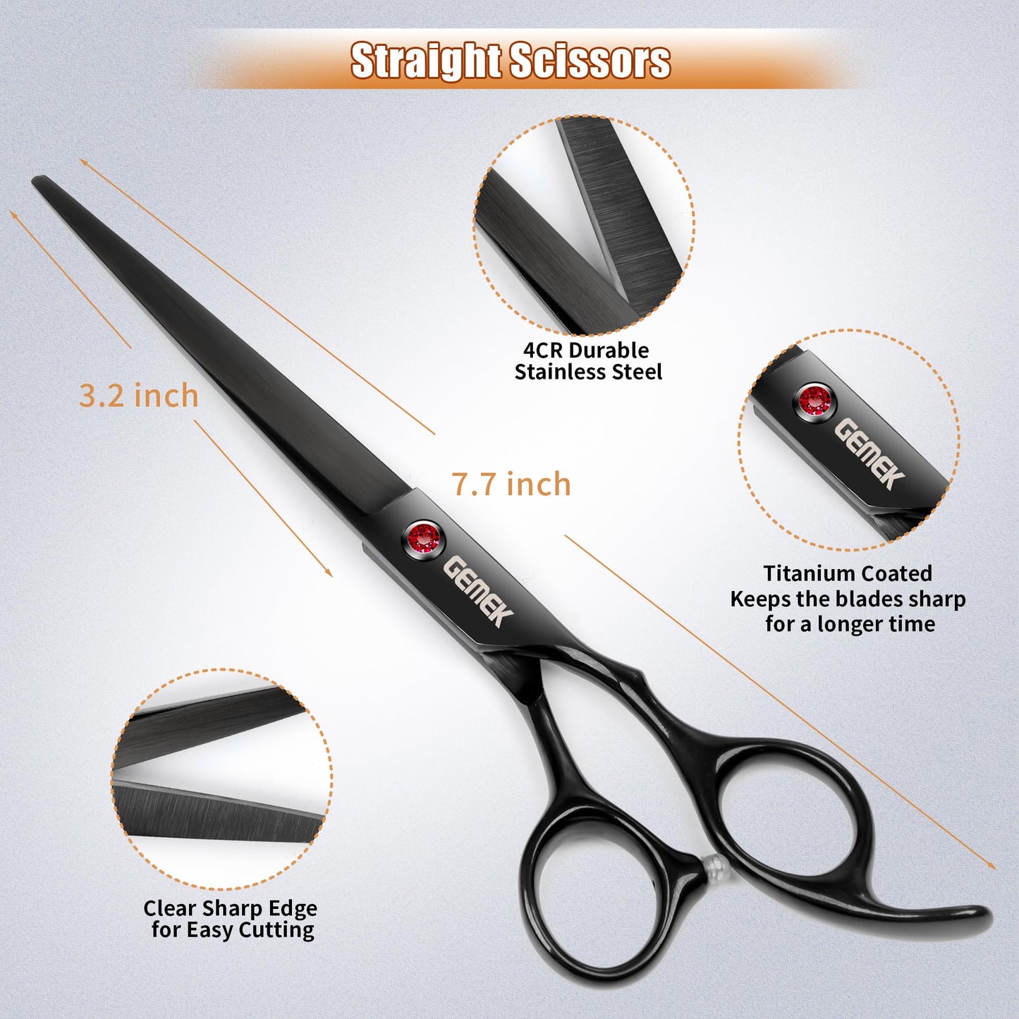 7.0in Titanium Professional Dog Grooming Scissors Set, GEMEK 6 in 1 Straight & Thinning & Upwards Curved & Downwards Curved Scissors & Comb for Dogs, Cats and Other Animals