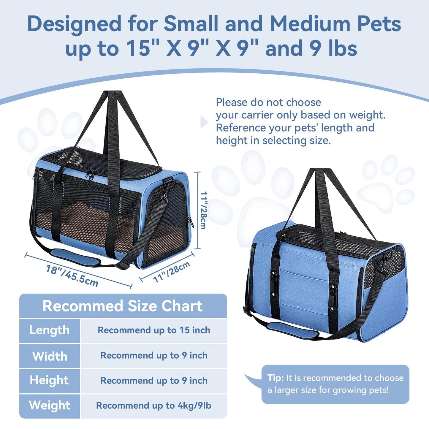 PETSFIT Soft-Sided Cat Carriers & Car Seats with Patent Safe Buckles, Clip-On Harness，18"x11"x11" Airline Approved Pet Carrier - 9 lbs Capacity (Blue)