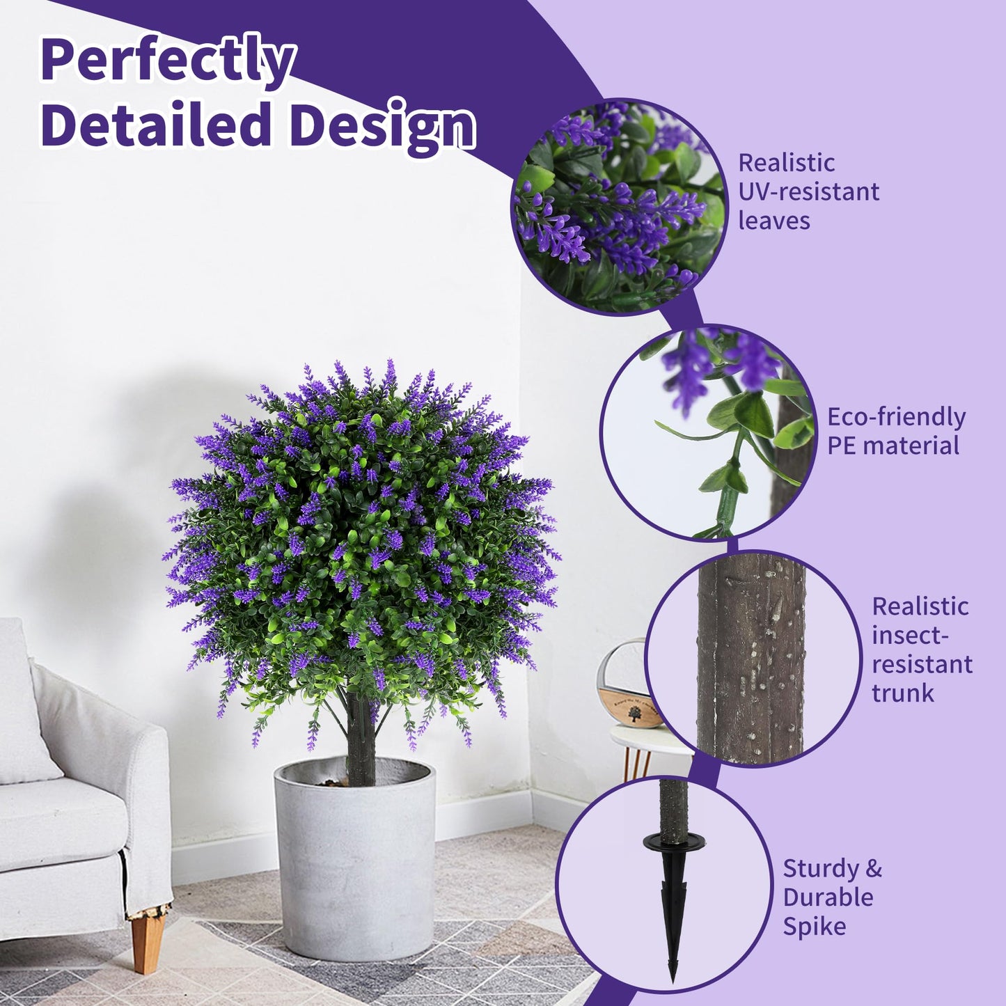 27.2" Artificial Lavender Topiary Set of 2 with Spike, Fake Plants Boxwood Balls Greenery Shrubs , Uv Resistant Artificial Push in Flowers Bushes for Outdoor Front Porch Decor, Home Faux Plants Indoor