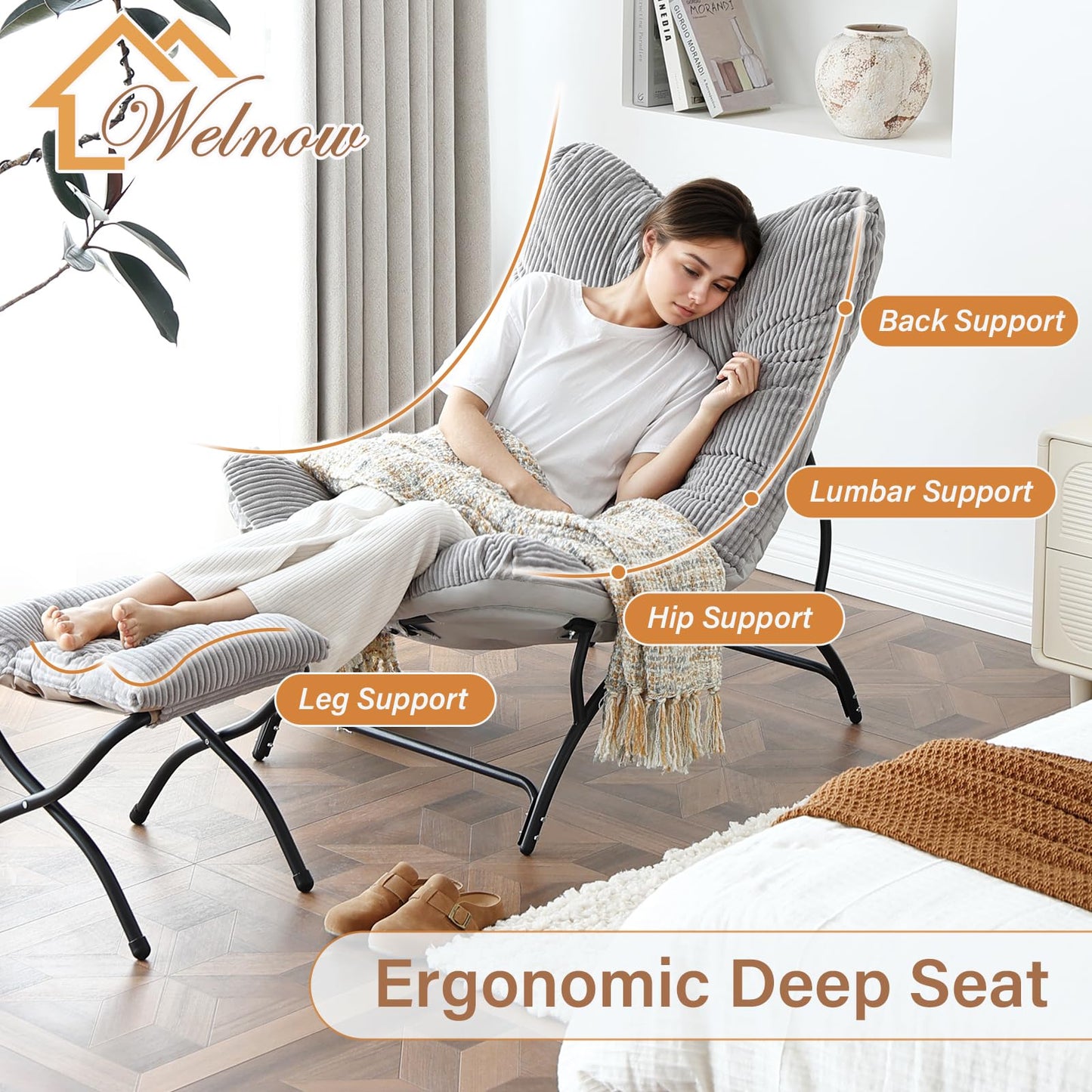 Welnow Accent Lounge Lazy Chair, Comfy Soft Leisure Metal Frame Reading Chair, Upholstered Thick Cushion Seated Recliner Sofa for Living Room, Bedroom, Dorm, Black