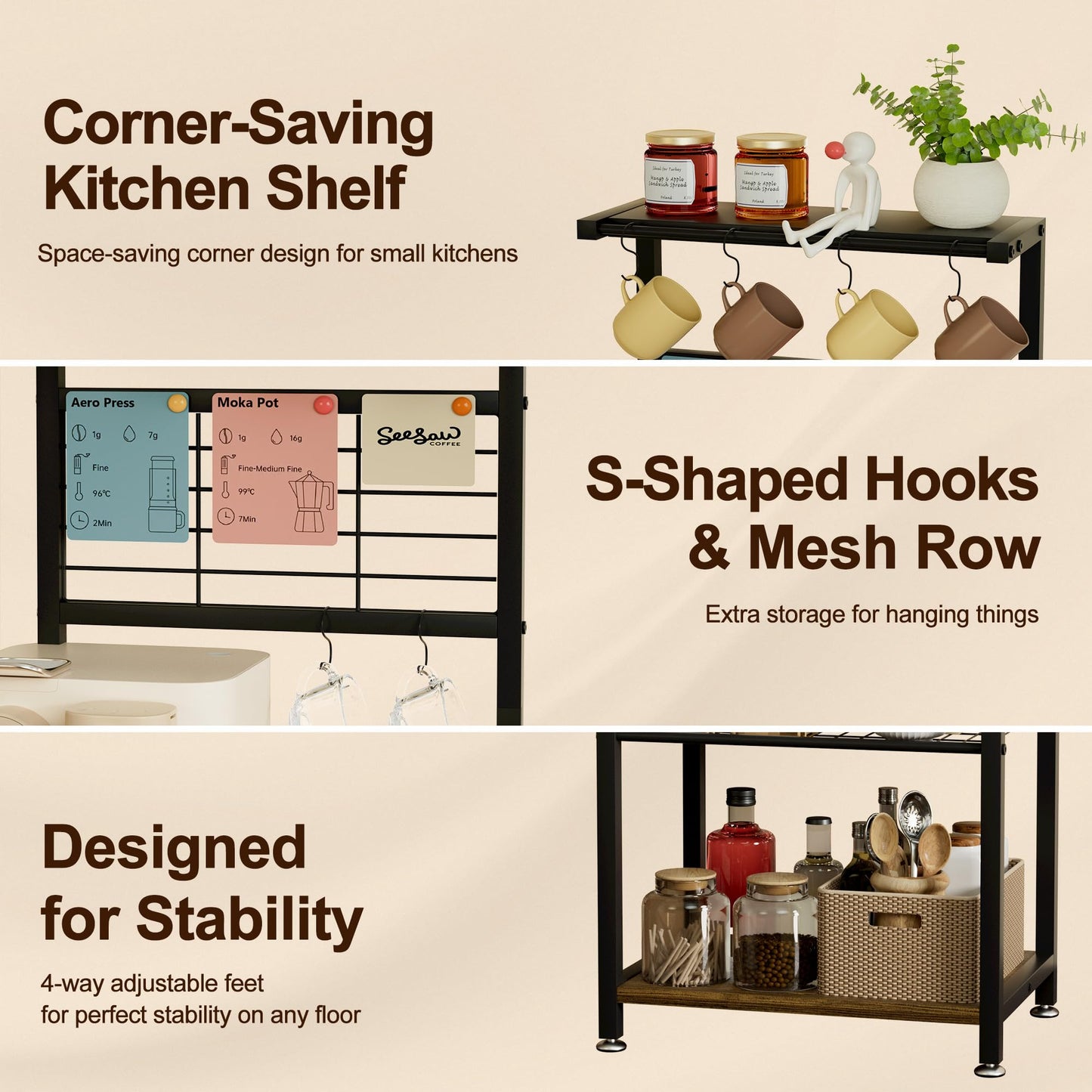 BUTUNITA Coffee Bar Station with 5 Tiers - Small Coffe Bar Kitchen Shelf with 4 S-Shaped Hooks - Corner Storage Baker's Rack for Small Spaces, Entryways, and Living Rooms