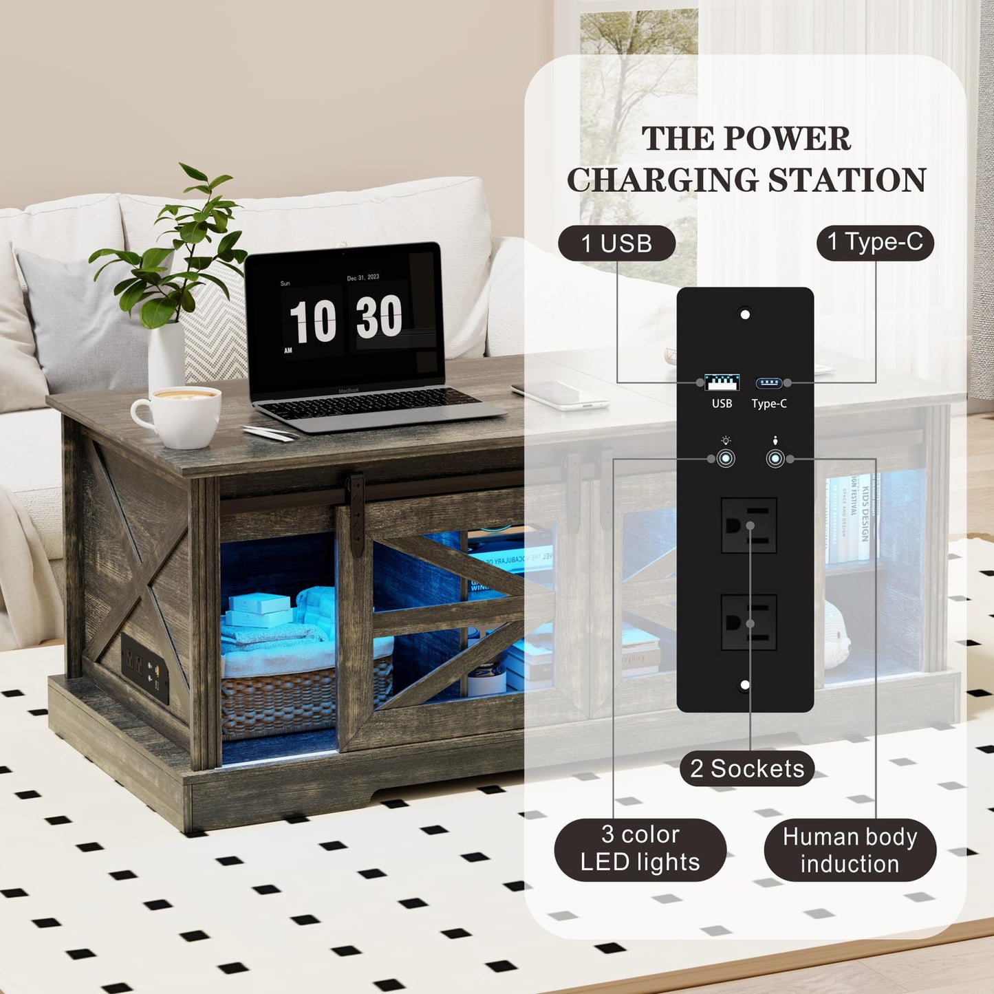 Lift Top Coffee Table with Gun Cabinet, 2 Sliding Barn Doors-Large Storage and 3 Color LED Lights fit Modern Rectangular Rustic Living Room Center Table（Dark Oak）