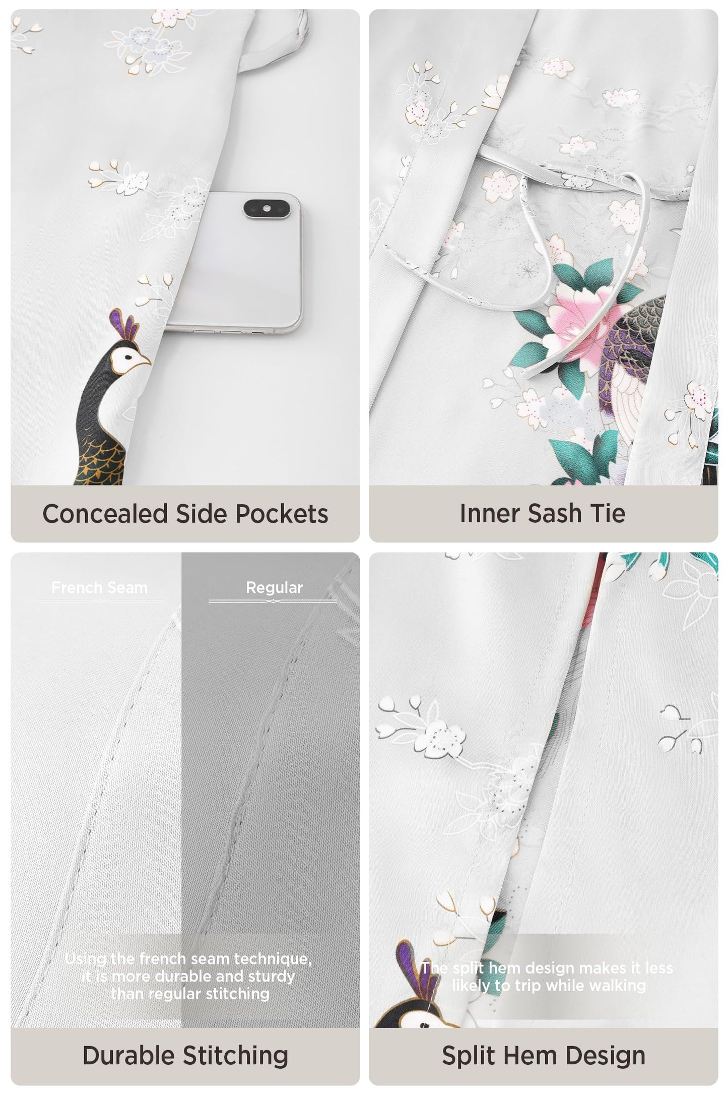 BABEYOND Women's Kimono Robe Long Satin Silky Robes with Peacock and Blossoms Printed Kimono Nightgown