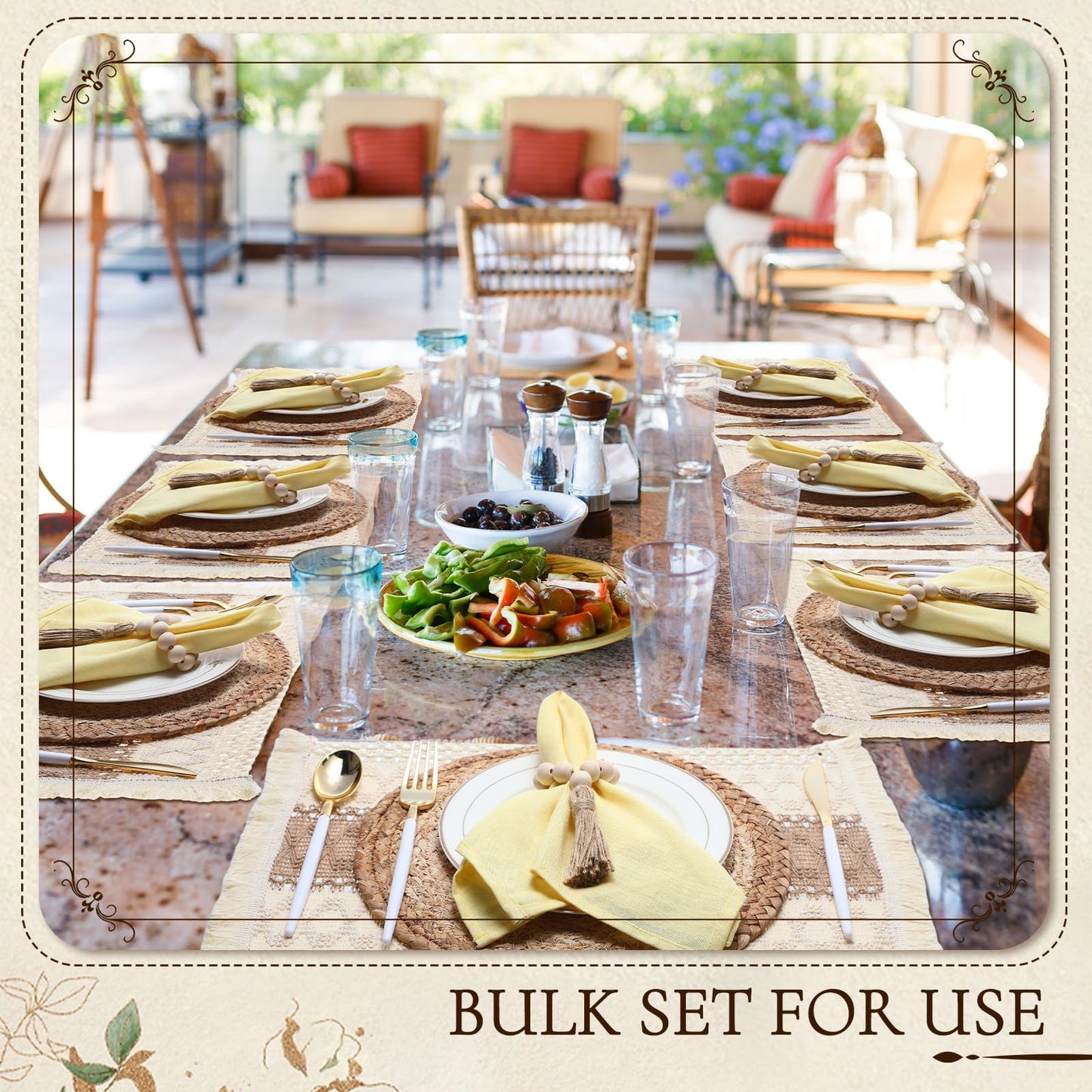 Zhehao 4 Set/12 Pcs Boho Placemats Natural Cotton Burlap and Grass Woven Table Mats Trim Farmhouse Style Placemats with Tassels Wooden Beads Napkin Rings for Table Kitchen