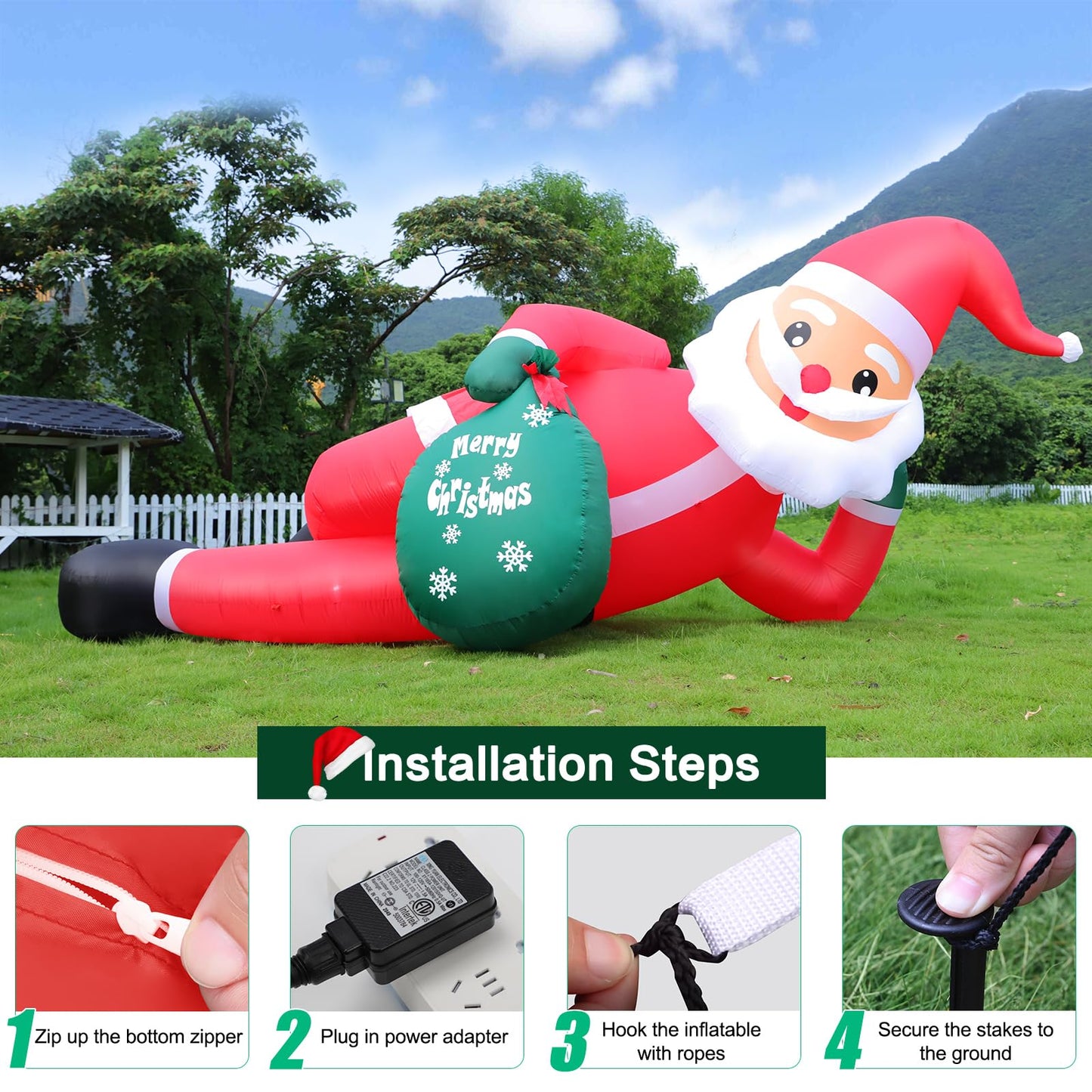 12 FT Giant Christmas Inflatables Santa Claus Outdoor Decorations, Huge Blow up Lying Santa Claus with Gift Bag Yard Decor, Built-in Brilliant LED Lights for Yard Lawn Garden Holiday Party