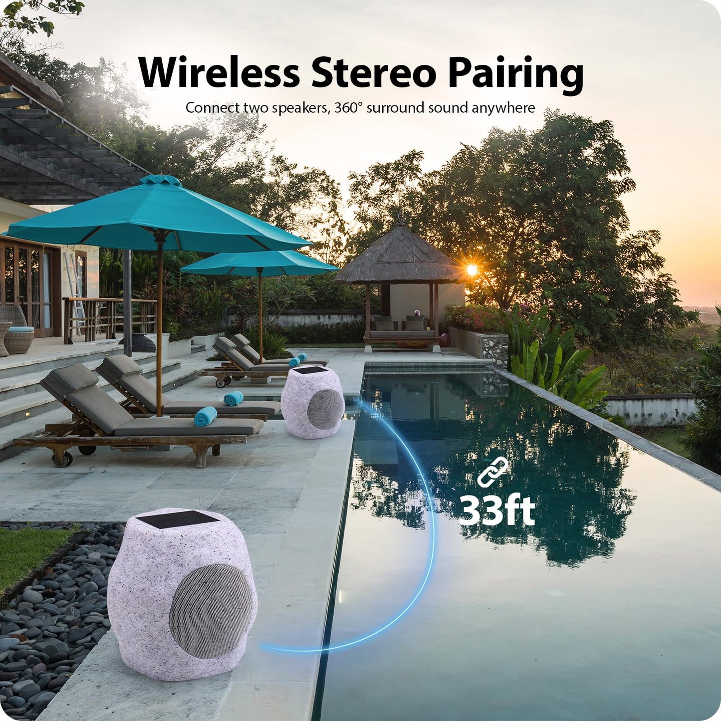Reatsoc Outdoor Solar Rock Bluetooth Speakers with Colorful Lights, Deep Bass IPX4 Waterproof Speaker, Solar-Powered, TWS Paring, Perfect for Pool Garden and Outdoor Activities - Marble 2 Pack