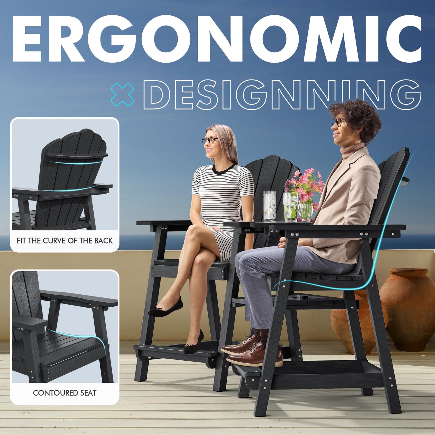 PatioPerk Tall Adirondack Chair Set of 2 with Double Connecting Tray, Recycled HDPE with Wood Grain, Weather Resistant, Outdoor Adirondack Chairs for Deck, Balcony, Patio, Backyard, Black